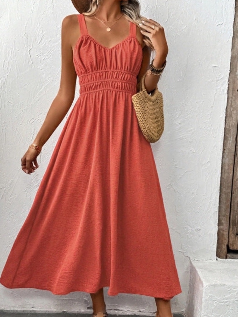 NWT Women’s Summer Rust Orange Smocked Maxi Dress Small
